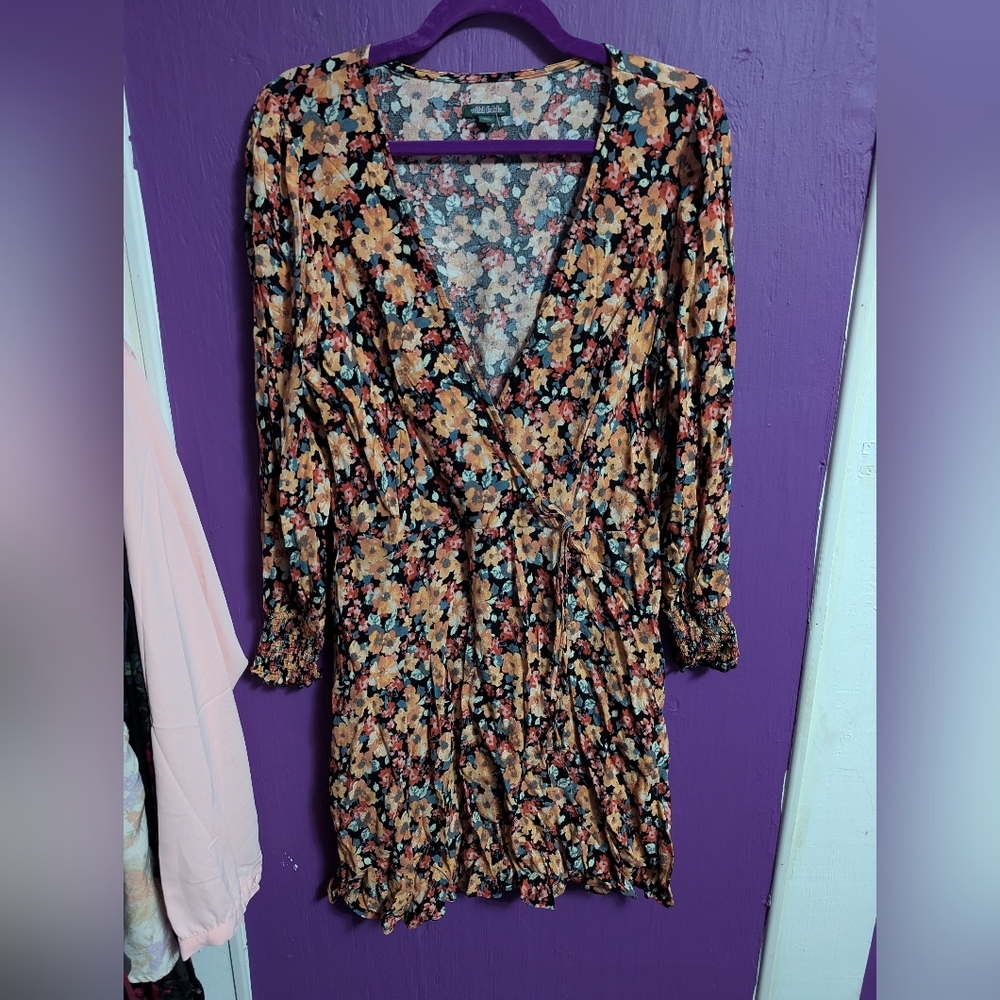💜 NWOT Wild Fable Black Floral V-Neck Long Sleeve Faux Wrap Midi Dress XL 16
